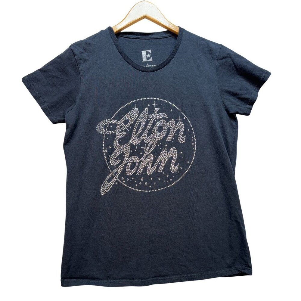 Vintage Elton John Concert Graphic T-Shirt Womens Large Black Crew Neck